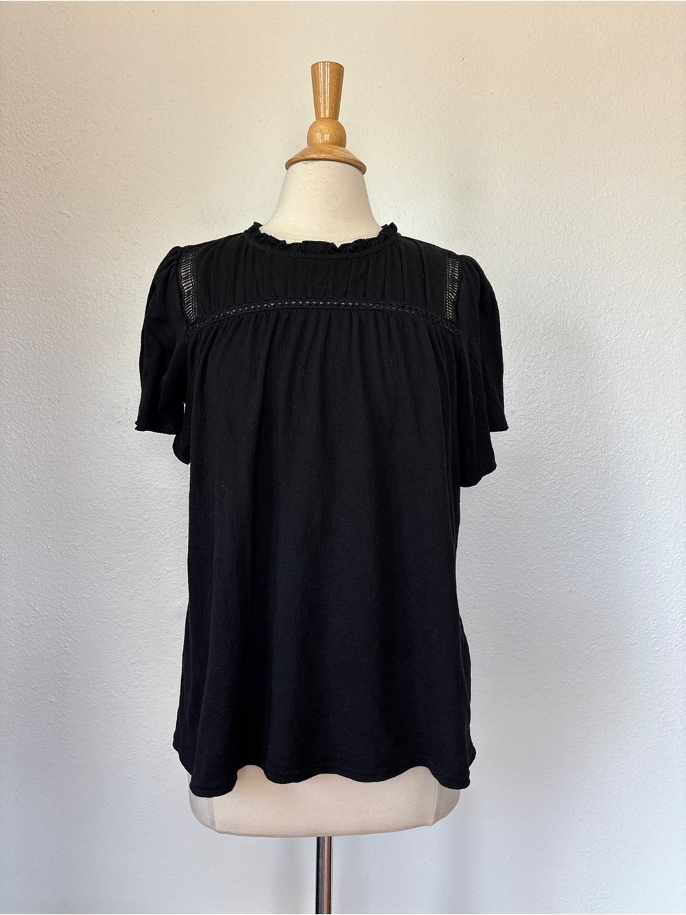 Solid Black Crochet Ruffle Boho Peasant Blouse